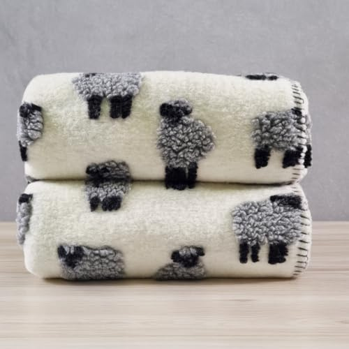 Generico Plaid lana cotta 150x170 cm fondo bianco latte con pecore