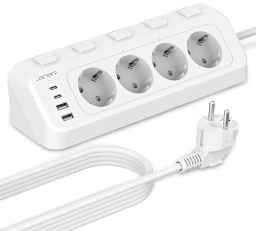 JSVER Regleta de Esquina con USB y 2 Puertos Tipo-C, Enchufes 4 Tomas con Interruptores Individuales, Regleta USB C (3680W/16A), con Cable de 4 m para Smartphones y Tablets-Blanco