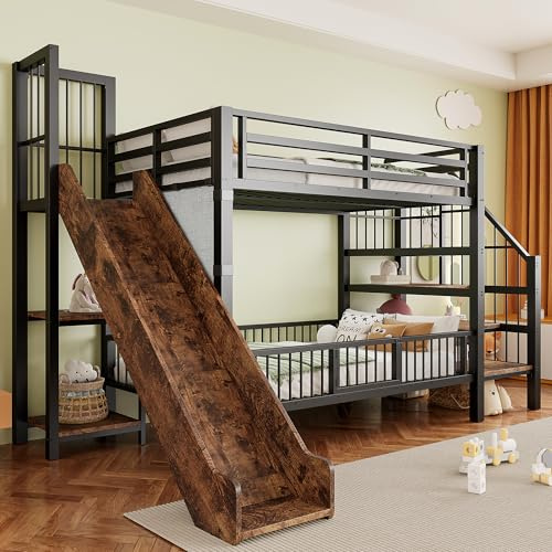 Letto a soppalco in metallo per bambini con scivolo e scala di archiviazione, 90 x 200 cm, struttura per letto a castello con porta di protezione, ripiani integrati, lettino salvaspazio per camera di