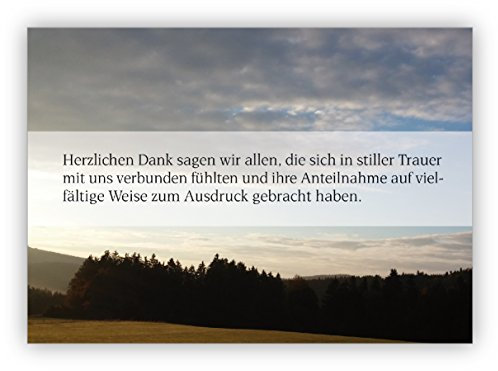 16 Trauer Dankeskarte mit Wald Landschaft am Abend: Herzlichen Dank sagen wir allen, die sich in stiller Trauer mit uns verbunden fühlten. auf vielfältige. • Danksagungs-Trauerkarte im Sterbefall