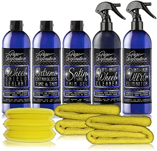 Pure Definition Wheel Cleaning Kit, Alloy Cleaner, Iron Brake Dust Remover Spray, Wax Polish, High Gloss Tyre Gel Sealant - Detailing Set