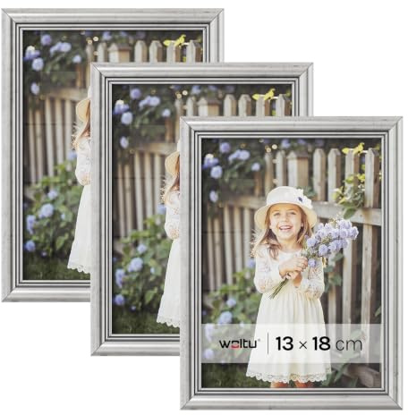 WOLTU Bilderrahmen 13x18, 3er set, Massivholz Fotorahmen mit Passepartout | Silber, Front aus PS-Platte, Posterrahmen zum vertikalen oder horizontalen Aufhängen und Aufstellen, Collage Wanddeko