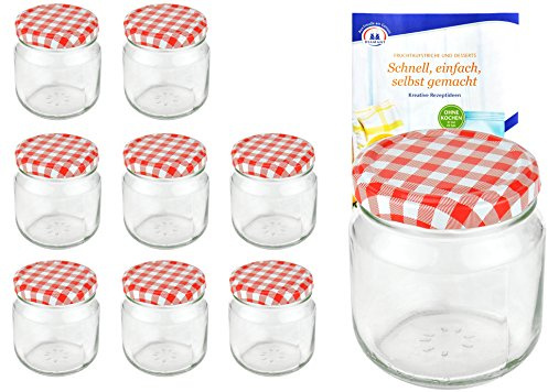 MamboCat 12er Set Rundgläser 212 ml nieder Deckelfarbe rot weiß kariert to 66 inkl. Diamant Gelierzauber Rezeptheft, Marmeladengläser, Einmachgläser, Einweckgläser, Gläser