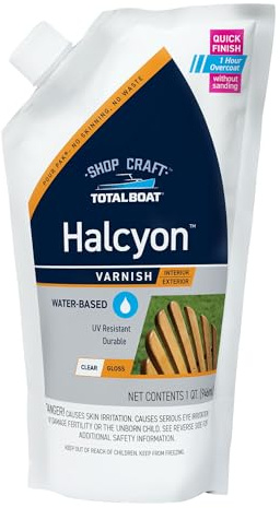 TotalBoat Halcyon Water-Based Marine Varnish | Fast-Drying Polyurethane Wood Finish for Boats, Outdoor Furniture, and Woodworking | Clear Gloss, Quart