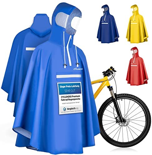 Regenponcho Fahrrad extra wasserdicht und robust - TEST SEHR GUT - Premium Regencape Fahrrad mit Reflektoren, Sichtfenster - Regenbekleidung als Regenponcho Herren und Damen - Regenjacke Blau in M