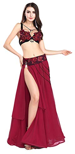 Royal Smea Bauchtanz-Kostüm, Set für Damen, sexy, Bauchtanz-BH und Hüftgürtel, Chiffon, Tanzkleid, Kleid, 3-teilig - Rot - Klein