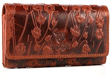 MATADOR XL Karten Portemonnaie Geldbeutel Damen Leder Groß #BRÜGGE mit edler Geschenk Box, Portmonee Geldbörse Damen Gross mit RFID Blocker, Geldtasche Brieftasche, Damenportemonnaie Blumen Braun