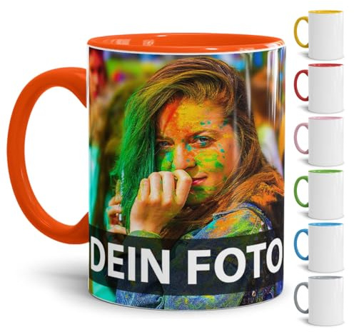 Tasse selbst individuell gestalten/Personalisierbar mit eigenem Foto bedrucken/Fototasse/Motivtasse/Werbetasse/Firmentasse mit Logo/Innen & Henkel Orange - XXL Druck