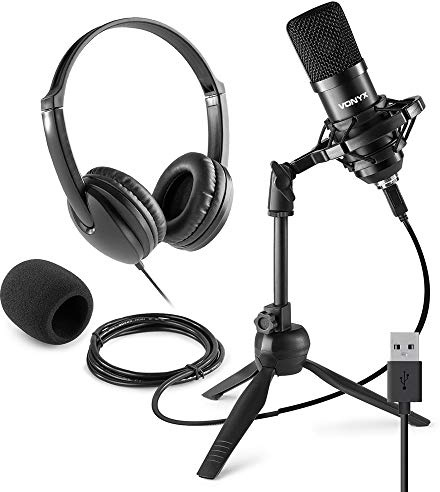 VONYX CM300B USB Studio Condenser Microphone Kit with Adjustable Stand, Shock Mount, Foam Pop Filter and VH100 Studio Headphones for Podcast, Streaming and Vocal Recording