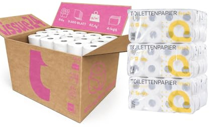 Tissue24 | Toilettenpapier 4-lagig Großpackung | 64 Rollen | 150 Blatt | 100% Zellstoff hochweiß | Gewerbe, Büro, Hotel, Facility