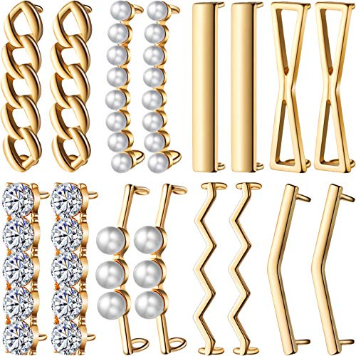 Hicarer 16 Pcs Shoelace Charms for Sneakers DIY Decorative Shoelaces Clips Faux Pearl Rhinestones Shoes Accessory for Girl Women(Gold)