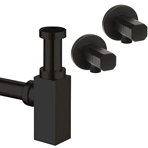 Juego de sifón de diseño cuadrado, color negro mate, con válvula de esquina / desagüe para lavabo, desagüe, juego de desagüe, sifón, tubo de sifón