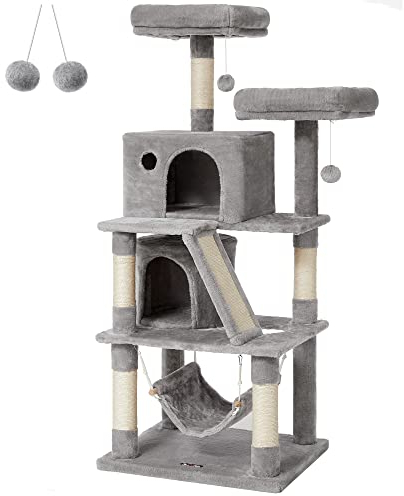 FEANDREA Cat Tree, Cat Condo with 2 Cat Caves, 155 cm, Light Grey PCT163W01