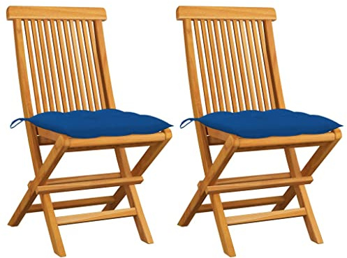 vidaXL 2X Teak Massiv Gartenstuhl mit Blauen Kissen Klappstuhl Holzstuhl Stuhl Gartenmöbel Stühle Balkonstuhl Terrassenstuhl Essstuhl