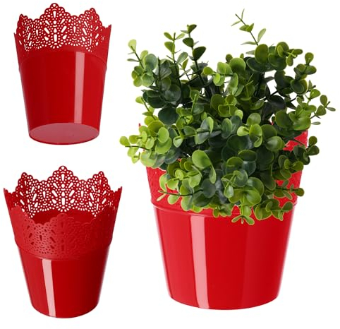 KADAX Spitzen-Blumentopf aus Kunststoff, 9 Farben, Blumentopf mit Spitzenmotiv, Blumentopfschutz für Büro, Topf, Gartenschale, Blumenkübel, Übertopf (⌀ 16,5cm, Niedrig, rot)