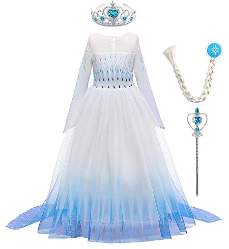 ODIZLI Prinzessin Kleid Mädchen Kinder ELSA Eiskönigin 2 Kostüm Halloween Weihnachten Karneval Verkleidung Geburtstagsparty Tüll Mantel Abendkleid+Zauberstab+Krone+Perücke Blau 2-Langarm 5-6 Jahre