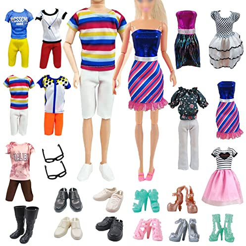 18 Stück Puppen Kleidung und Zubehör, 10 Kleidersets, 3 Herrenschuhe, 3 High Heels, 2 Brillen Zufälliger Stil für 11.5 Zoll Mädchen Puppen