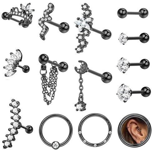 Milacolato 14St Piercing Ohr Chirurgenstahl 16G Ohrknorpel Piercing Tragus Helix Zirkonia Mond Schlange Ohrstecker Set CZ Septum Segmentring Clicker Ohrpiercing Schmuck schwarz