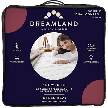 Dreamland Electric Mattress Protector Double Size – Snowed In Organic Cotton, Fitted Sheet style, Fast Heat-Up, Timer with 6 Heat Settings, 2 x Detachable Controller, Machine Washable, 190 x 137cm