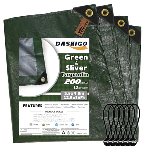 DASKIGO 4 x 5M Heavy Duty 200GSM Green&Silver Reinforced Tarpaulin Cover Waterproof Sheet & 6 Pcs Bungee Balls