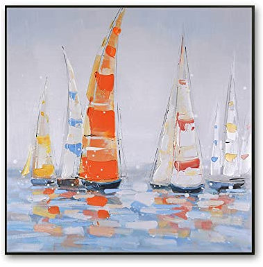 LCDIUDIU Acrylbilder Auf Leinwand Handgemalt, Weiße Textur Meer Segelboot Landschaft Moderne Kunstwerke Abstrakte Gemälde Handgemalte Ölgemälde Auf Leinwand Wandkunst Für Wohnzimmer Schlafzimmer Büro