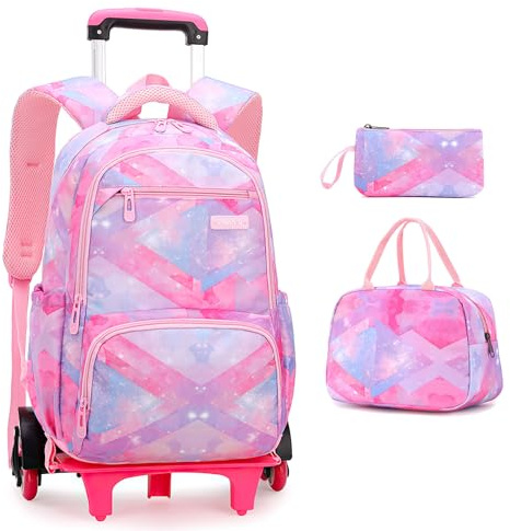 Voici et Voila 3pcs Mochilas Escolares con Ruedas Carro para Mochilas Escolares Niña Grande Bolsas Escolares 6 Ruedas Trolley Bag Mochila Infantil Rosa 31x16x45cm