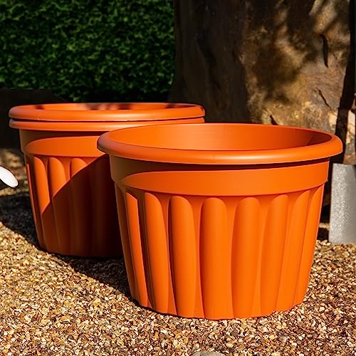 Wham 3x 60cm Vista Plastic Planter, Round Garden Plant Pot, Extra Large Floor Pot (60cm, 69L, Pack of 3) Indoor/Outdoor, Made in UK (Terracotta)