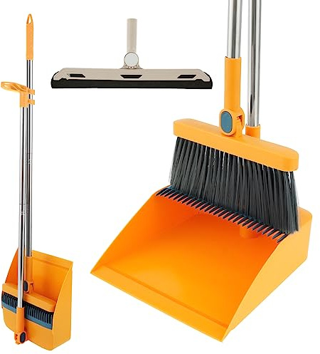 Keyohome Juego de 3 escobas y recogedor de mango largo con escoba vertical giratoria de 180 grados, recogedor plegable, 180 °, para cocina en casa o oficina