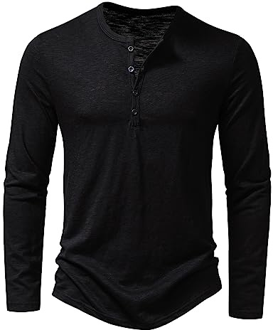Men's Casual Grandad Collar Henley T Shirt Muscle Fit Summer Smart Long Sleeve 4 Buttons Tee Slim Fitted Collarless Polo T-Shirts Tops-Z-Black-L