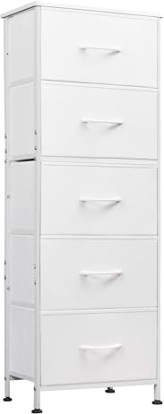 WLIVE Fabric Dresser, 5-Drawer Tall Dressers for Bedroom, Storage Dresser Organizer with Fabric Bins, Wood Top, Sturdy Steel Frame, Chest of Drawers for Closet, Hallway, White