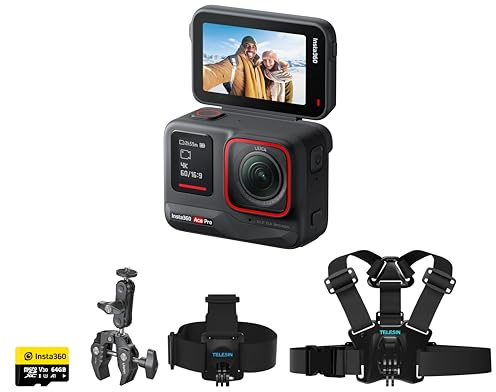 Insta360 Ace Pro Kit caméra d'action 8K pour Moto/vélo avec Sangle de Poitrine + Sangle de tête + Super Pince de Serrage 64 Go