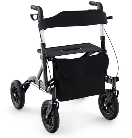 COSTWAY Deambulatore con Seduta 2 in 1, Rollator Pieghevole per Anziani con 4 Ruote, Maniglie Regolabili in Altezza 81-94cm, Portaombrelloni e Borsa Portaoggetti, Carico Massimo 160 kg (Nero)