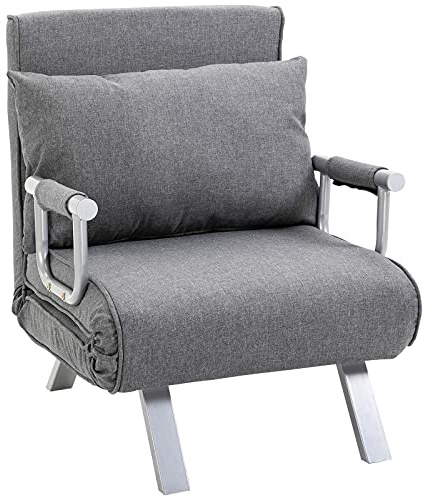 HOMCOM Poltrona Letto Singolo 3 in 1 con Schienale Reclinabile su 5 Livelli e Cuscino, Divano Letto Singolo Pieghevole per Soggiorno e Salotto in Lino e Metallo, 65x69x80cm, Grigio Chiaro