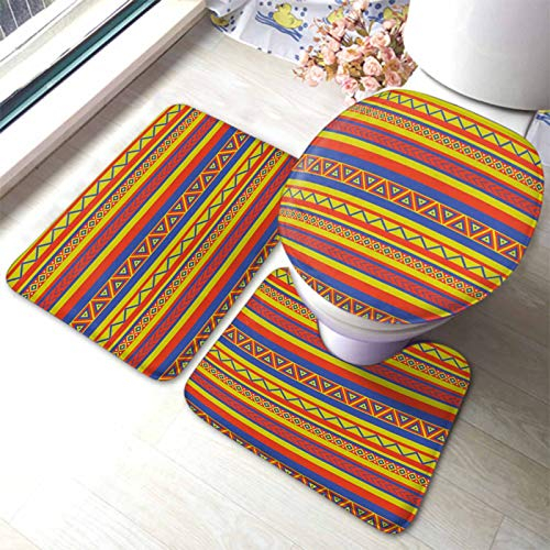 Alfombra De Baño De 3 Piezas Boho Ornament Bright Coloured Ethnical Mexican Style Geometric Pattern Juego De Alfombrillas De Baño Absorbentes Imprimir Alfombras De Cama, para Baño, Cocina