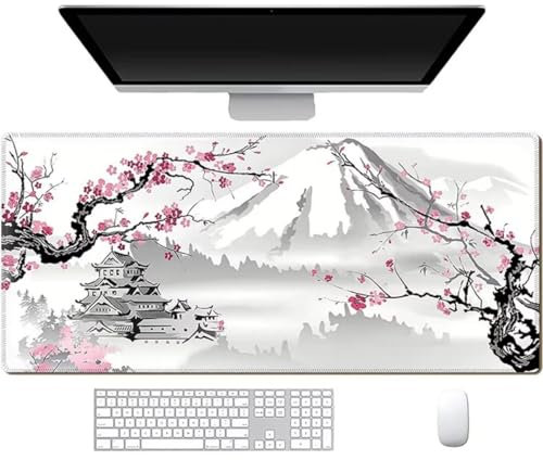Gaming Mauspad XXL Kirschblüte Mousepad Groß 800x400x3mm Verlängertes Großes Schreibtischauflage mit rutschfeste Basis und genähte Kante für PC, Laptop