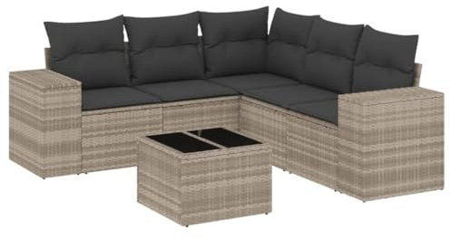 vidaXL Garten Sofagarnitur mit Kissen 6-TLG., Gartenmöbel Gartengarnitur, Sitzgruppe Sitzgarnitur, Lounge Sofa Garnitur Terrasse, Hellgrau Poly Rattan