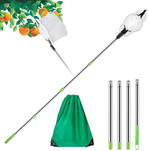 Fruit Picker with Telescopic Handle, 1.6 Meter Fruit Picker Tool with Stainless Steel Connecting Pole and Fabric Bag for Cherry Berry Orange Lemon Pear (16.m)