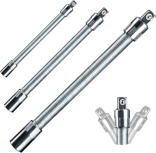 Mr.wintek Flexibler Stecknuss-Verlängerungsstangen-Satz 3-teilig, 1/2, 3/8, 1/4 Antrieb, 10(254mm), 8(203.2mm), 6(152.4mm) Länge – Federbelastete Sicherungsbälle verhindern das Abrutschen