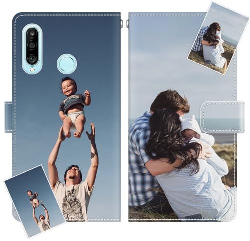 JGOYGYI Personalisierte Leder Handyhülle kompatibel mit Huawei P30 lite,Individuelle Eigenem Foto Bild Text Bildern Foldable Flip Klapphüllen Case hülle+Handykette