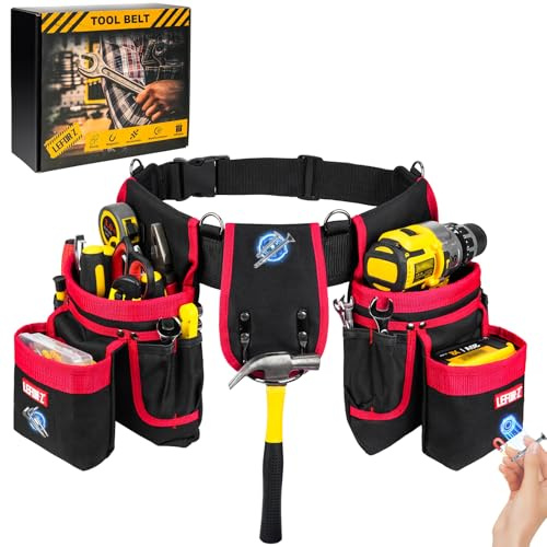 Werkzeuggürtel,Magnetische Werkzeugtasche Gepolsterter mit 27 Taschen 4 D-Ringen für Herren,Robust Abnehmbare Verstellbare Allzweckgürtel für Elektriker,Männer,Tischler,Bauarbeiter,Schwarz Rot