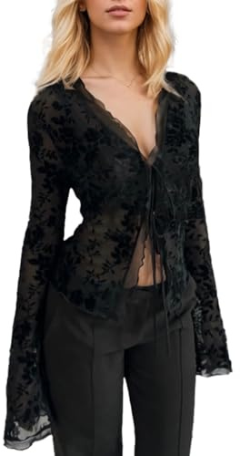 EMOTTOS Crop Top con Scollo V Sottile, Sexy Trasparente Increspato Y2K Top Svasato con Maniche Lunghe in Rete, Chiffon Tessuto Tie Front Corto per Le Donne, Nero, S