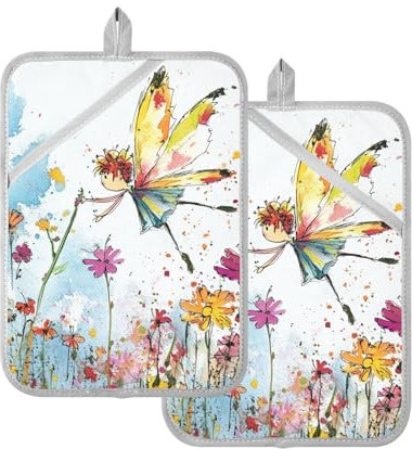 Foiosoh Presina resistente al calore con piccoli elfi e presine per fiori, per cucina, con tasche, sottopentola calda, confezione da 2