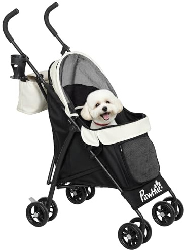 PawHut Cochecito para Perros Pequeños con Estructura de Paraguas Carrito para Perros Plegable con Cojín Lavable Portavaso Ventanas de Malla y Bolsa de Almacenamiento 76x44x103 cm Crema