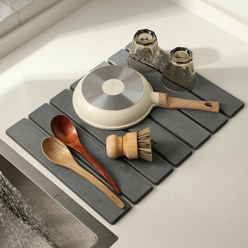 Volminex Foldable Diatomit Diskmatta, Stone Dish Drying Mat, Snabbtorkande Droppmatta för Diskbänk & Köksbänk, Multifunktionell Diskmatta för Porslin, Kaffemaskin, Kök och Badrum (Mörkgrå, S)
