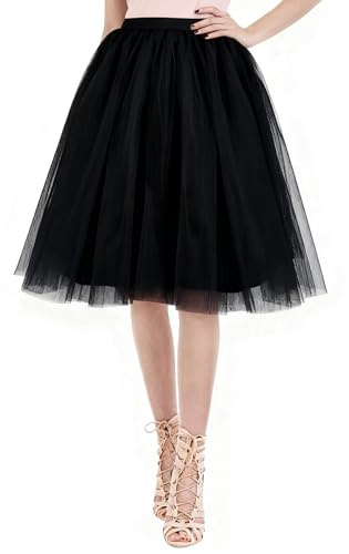 AUYAO Women's Tulle Skirt, Ladies Elastic High Waist Layered Skirt, Women Tulle Tiered Layered Skirt Ballet Tutu Prom Party, Mesh A-line Midi Skirt for Women Girl for Daily Prom Carnival(Black)