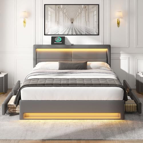 Polsterbett mit USB-Anschluss Einzelbett mit LED-Beleuchtung und Schubladen Stauraumbett PU-Litschi-Muster Jugendbett für Erwachsene Jugendliche Gästebett ohne Matratze Grau 140x190 cm