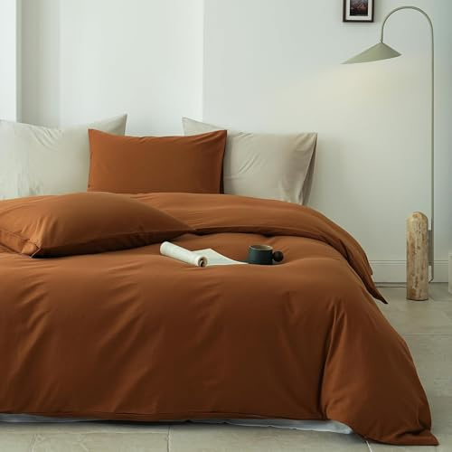QKTE 100% Washed Cotton Duvet Cover Set 3pcs Linen Feel Queen Duvet Cover Breathable Durable Comfy Twill Bedding (Pumpkin,88 x 92)