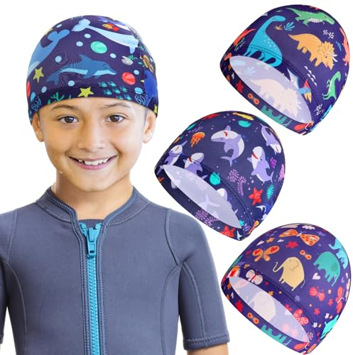 Loppdece 4 Stück Badekappe Kinder, Bademütze Kinder, Schwimmkappe Kind, Stoff Badekappen für Jungen und Mädchen 3-14 Jahre, Einheitsgröße (Hai+Delfin+Dinosaurier+Elefant)