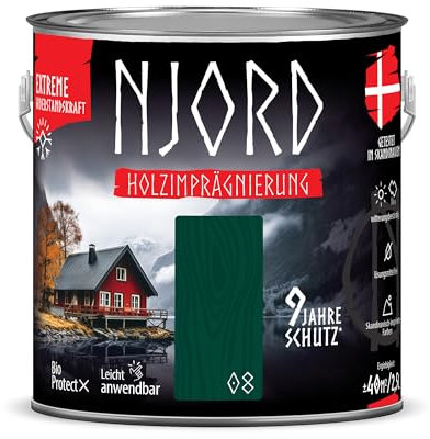 NJORD Holzimprägnierung 2,5 L Holzschutz bis zu 9 Jahre Holzfarbe (08) Isländisches Tal Wetterfester Schutzlack Dauerhafter Schutz Holzlack Holzlasur