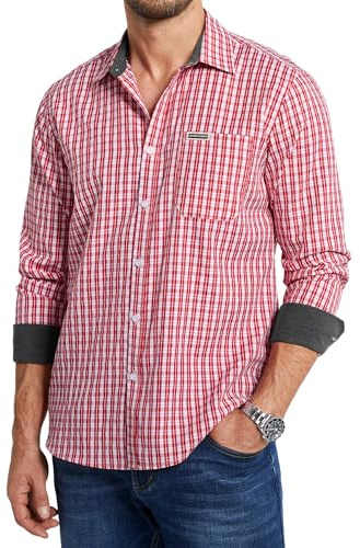 Enlision Camisa Hombre Cuadros Manga Larga Rojo y Blanco Cuadro Camisas para Hombre Talla Grande Button Down con Bolsillo 3XL